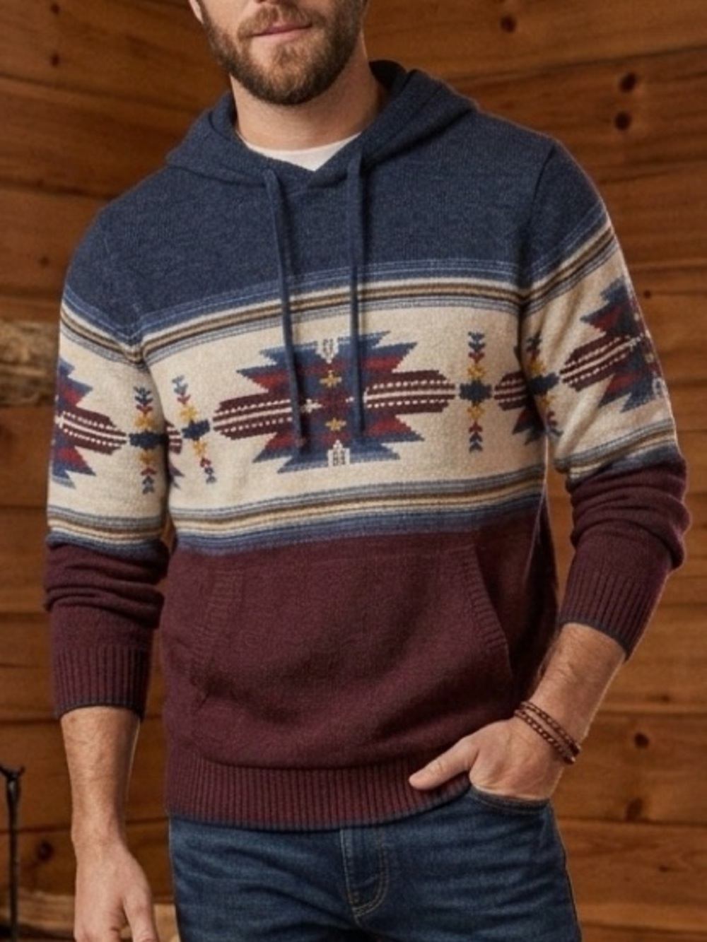 Men’s Hooded Aztec / Tribal Design Sweater - large